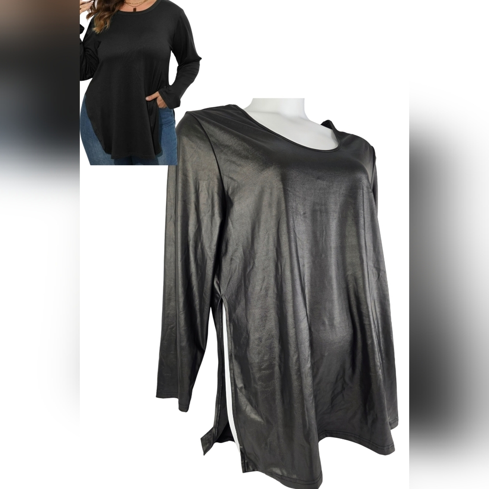 Shein 4X Black Faux-Leather Long Sleeve Split Sides Top 1357-M